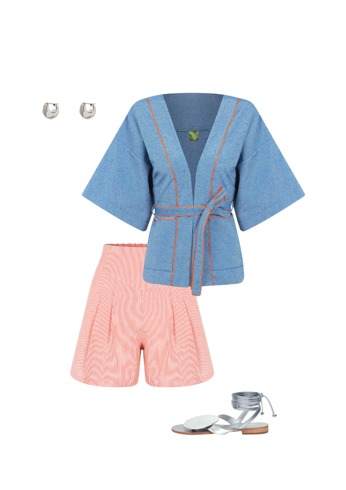 Shorts de Algodão Eco Listrado Laranja