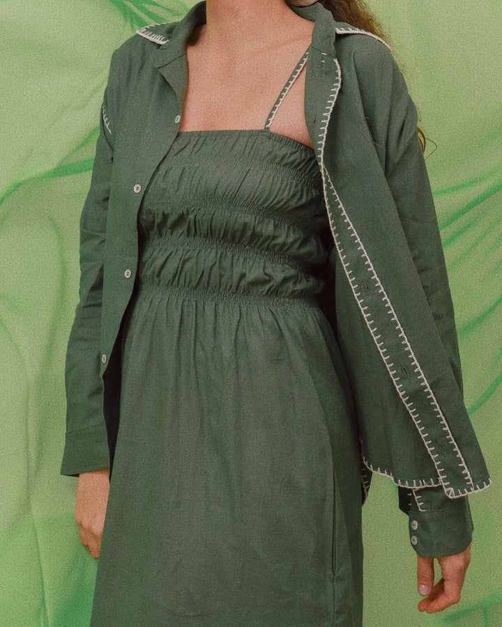 Vestido de Linho com Crochê Verde Musgo