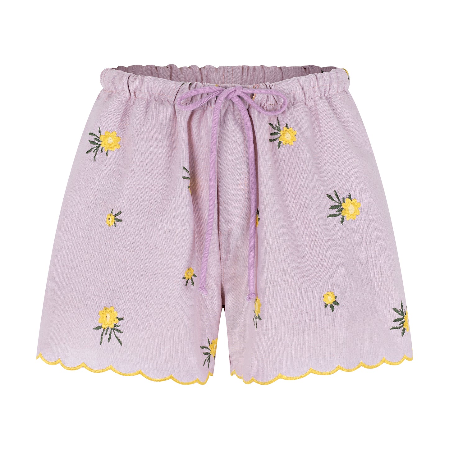 Shorts de elástico em linho bordado rosê e marelo