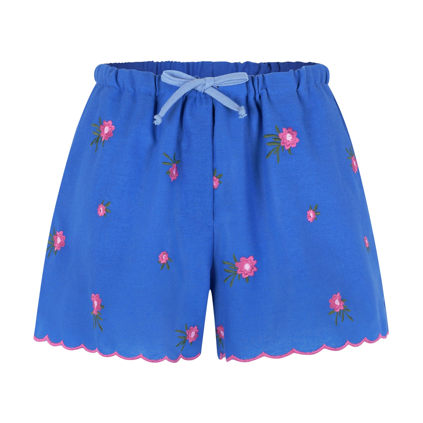 Shorts de elástico em linho bordado azul e rosa