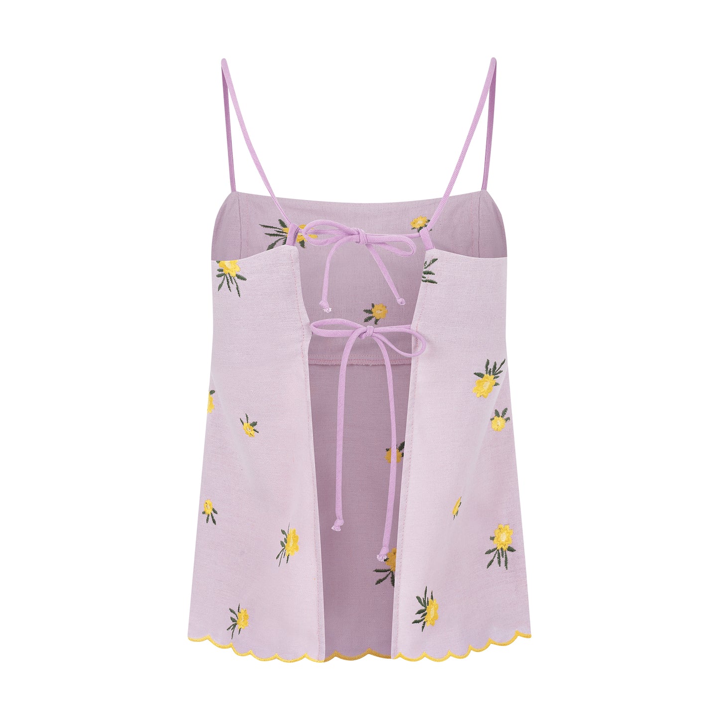 Blusa de linho bordado com amarrações rosê e amarelo