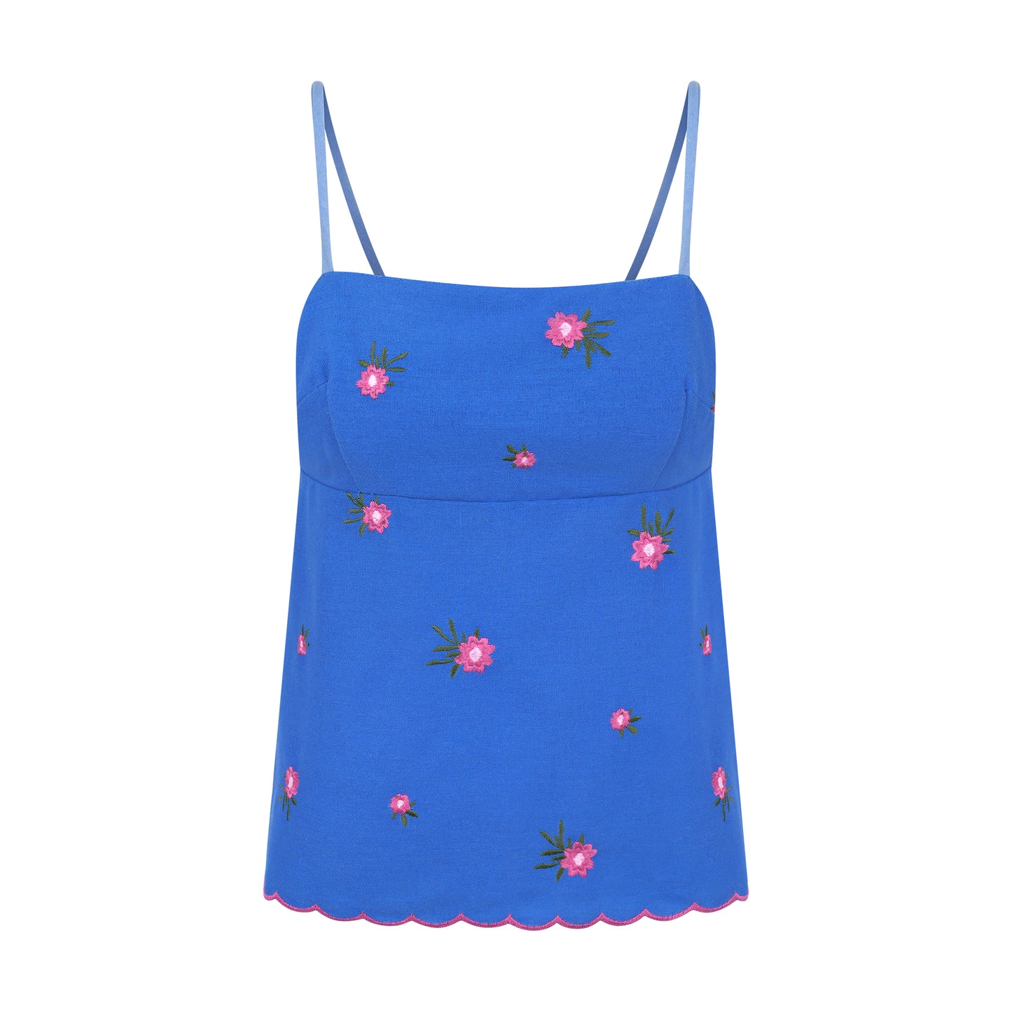 Blusa de linho bordado com amarrações azul e rosa