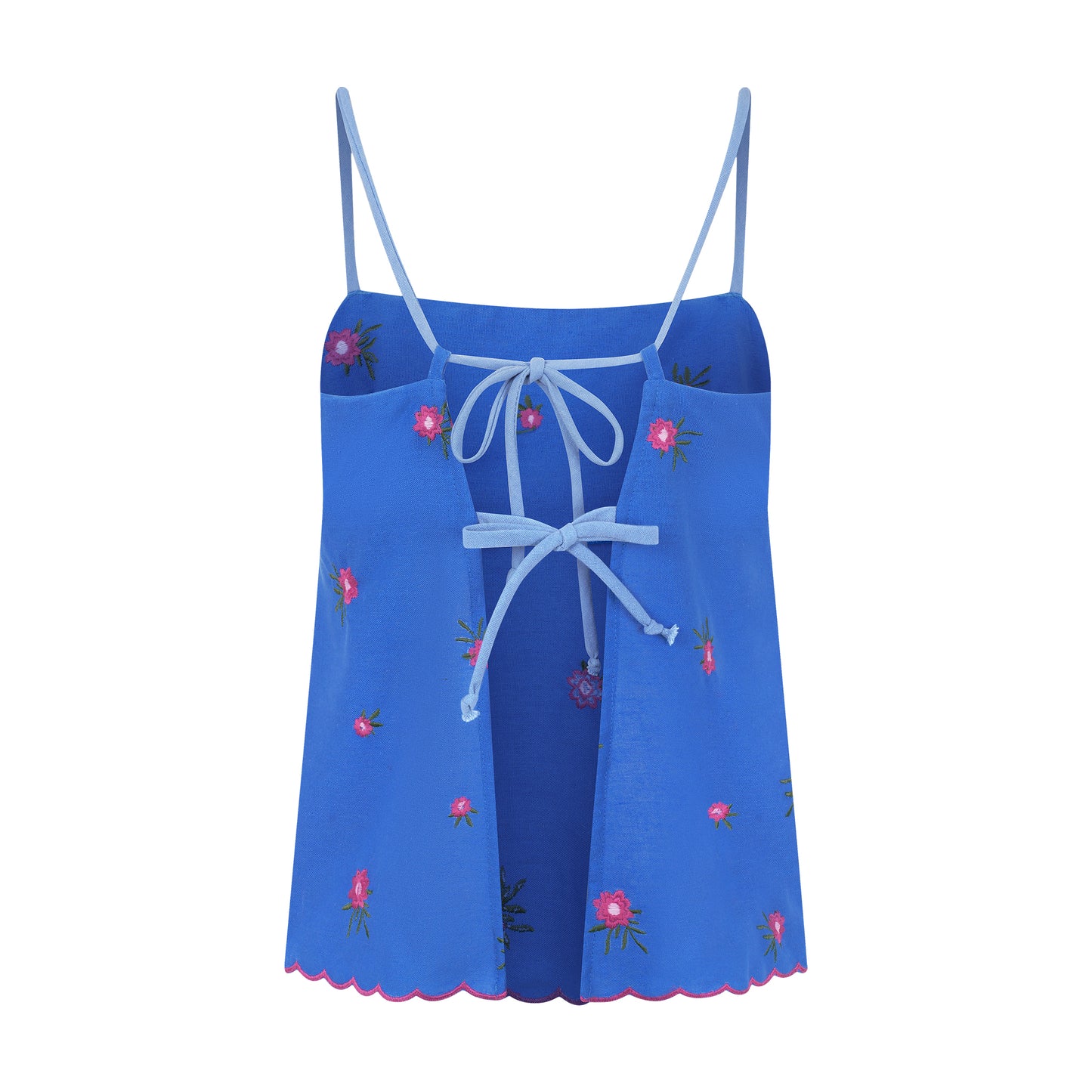 Blusa de linho bordado com amarrações azul e rosa