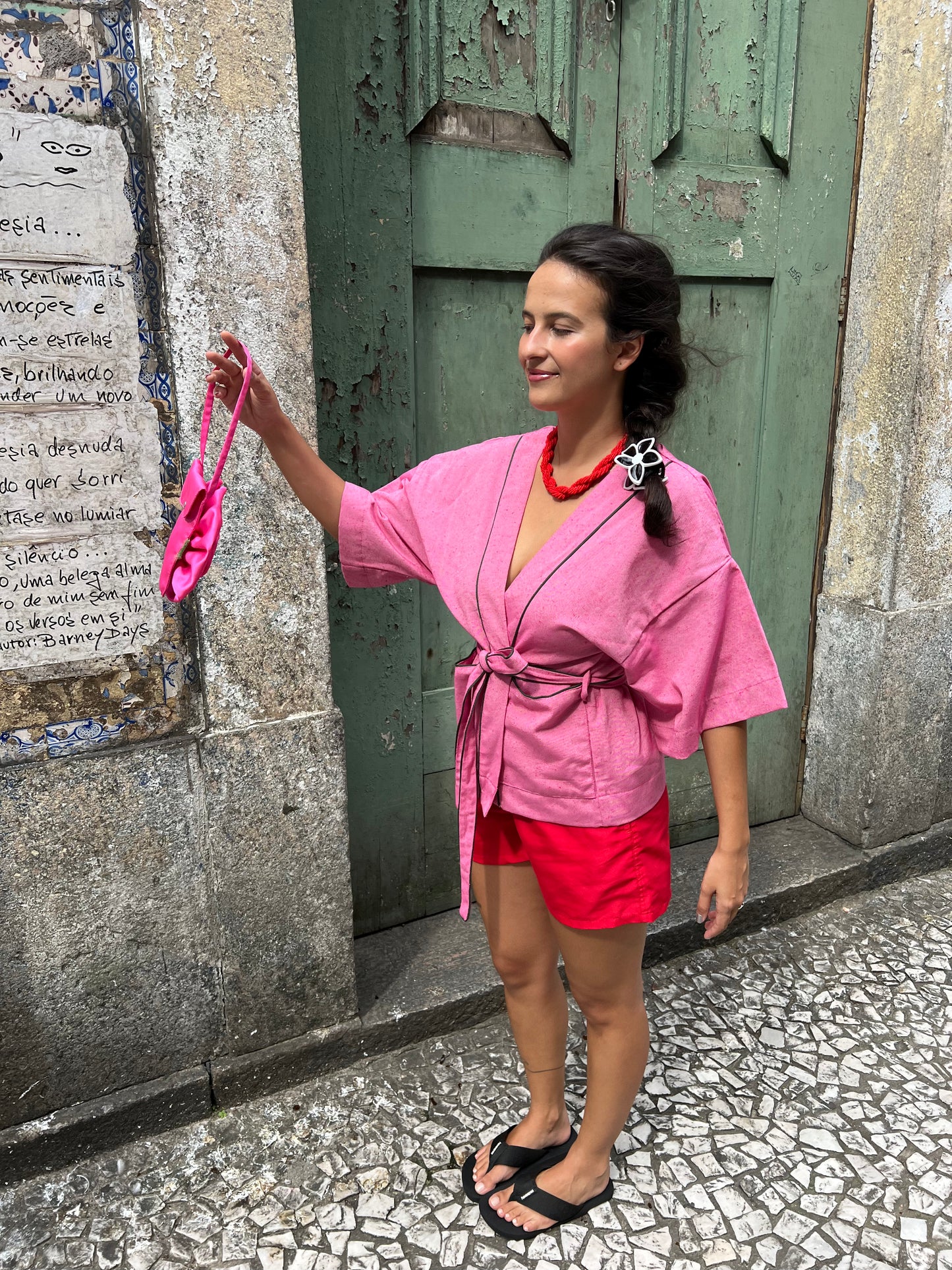 Kimono de Algodão Eco Rosa e Verde