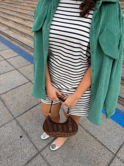 Shorts de Malha Listrado Branco e Azul Marinho