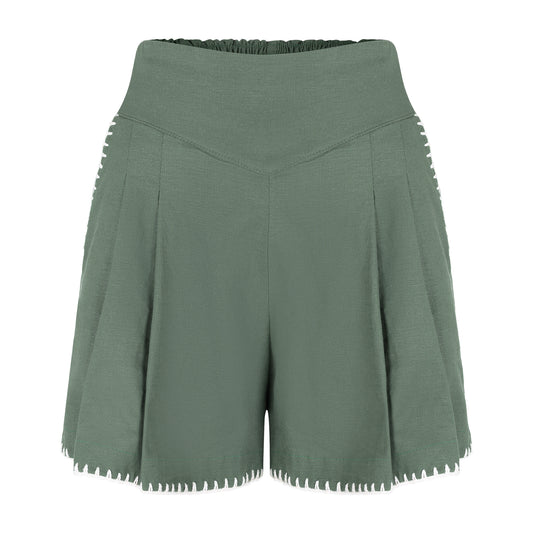 Shorts de Linho Verde com Crochê